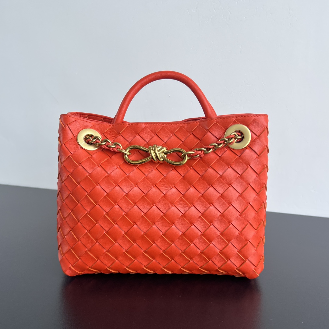 Small Andiamo Intrecciato Leather Top Handle Bag Orange Red